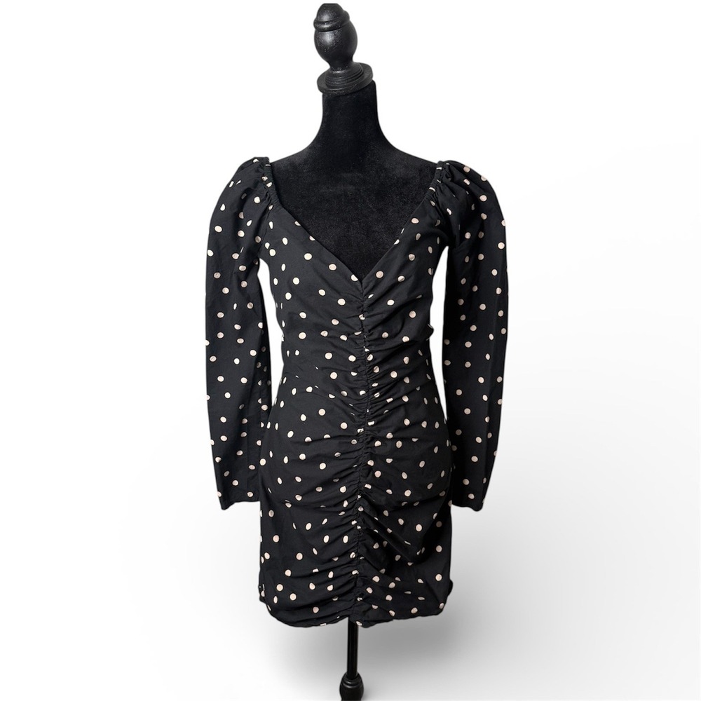 Polka Dot Ruched Mini Dress Sweetheart Neck Puff Sleeve Womens 4 Black Party